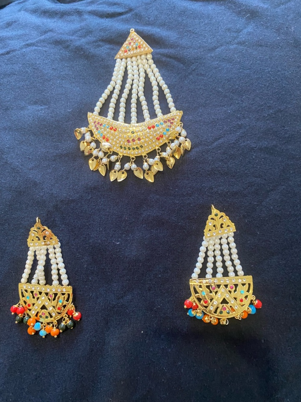 Fashion Jewelry Gold-Tone Pearl and Multicolor Bead Jhumka Set